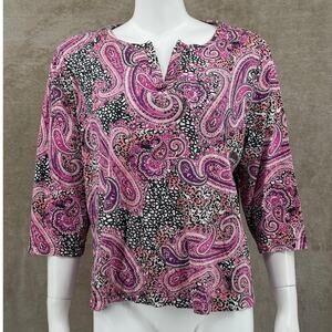 Kim Rogers Top Womens 1X Purple Paisley Animal Print 100% Cotton V-Neck‎ Boho